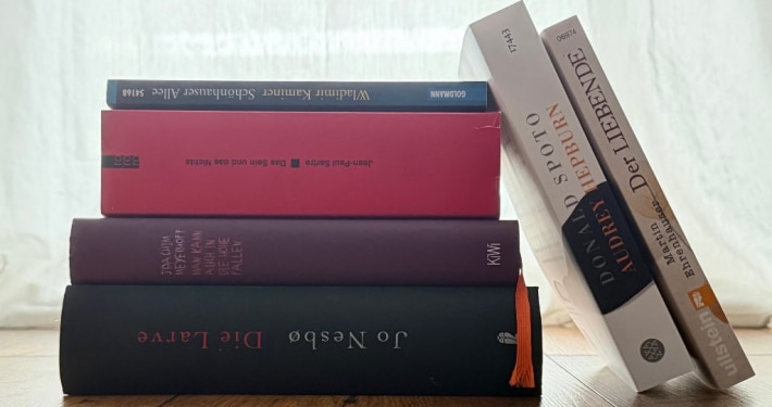 Stapel von vier B&uuml;chern, zwei B&uuml;cher lehnen seitlich am Stapel