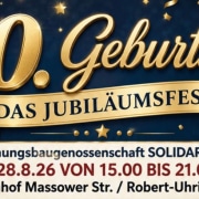 Programm Sommerfest Banner mit Informationen zum Jubiläumsfest. Dekorativ gestaltet mit Luftballons.