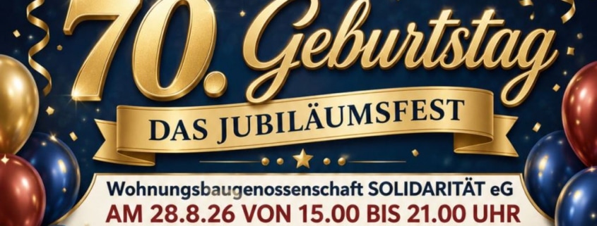 Banner mit Informationen zum Jubiläumsfest. Dekorativ gestaltet mit Luftballons.